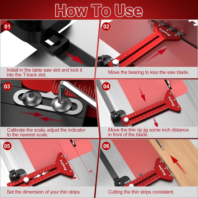Preciva Thin Rip Table Saw Jig - 3 Pulleys Thin Rip Jig for Making Repetitive Narrow Strip Cuts, Table Saw Guide Fits for 3/8“ x 3/4” U Slot T Slot and 1/4“ x 3/8” T Slot Red - Image 5